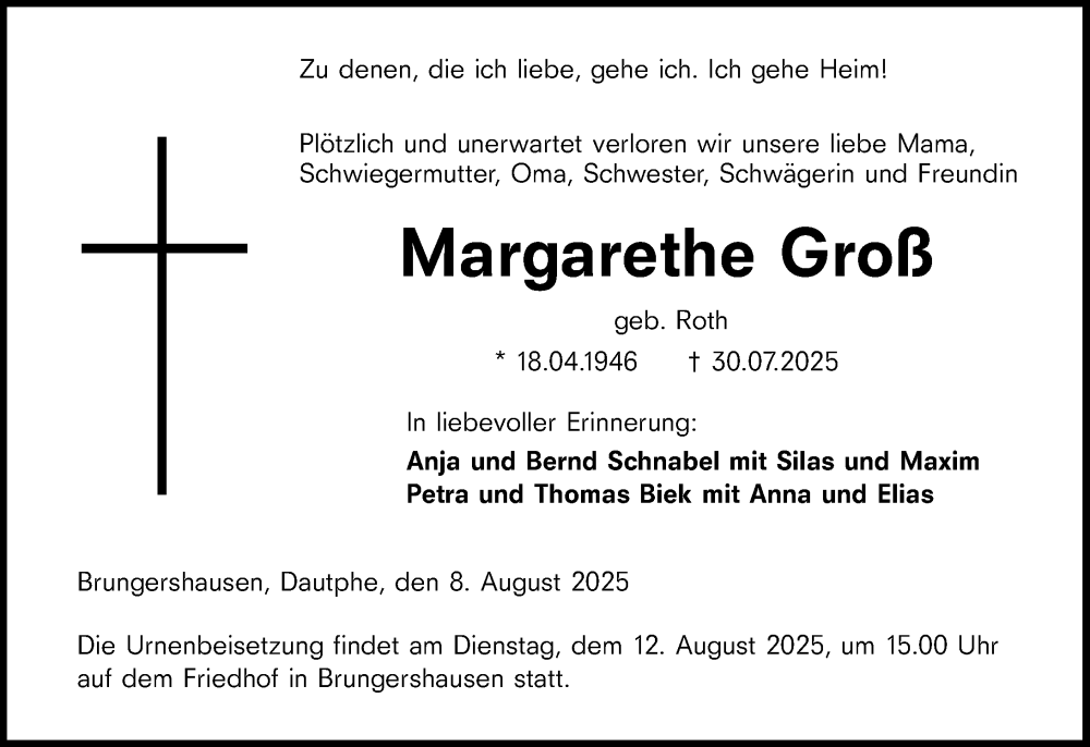  Traueranzeige für Margarethe Groß vom 08.08.2025 aus Hinterländer Anzeiger