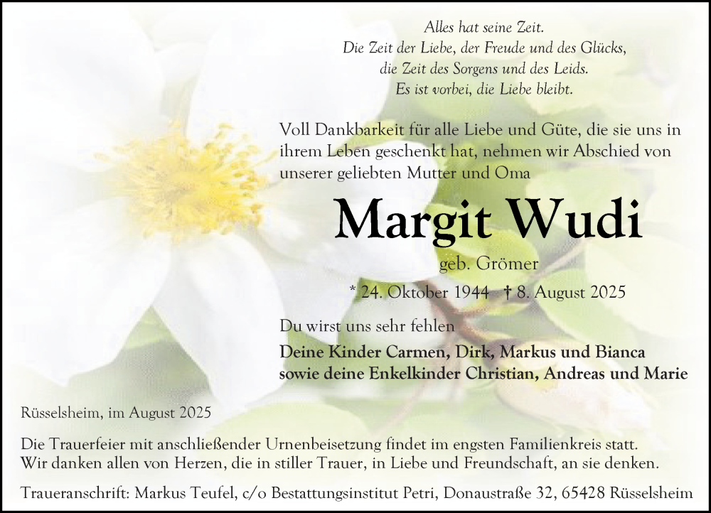  Traueranzeige für Margit Wudi vom 16.08.2025 aus Rüsselsheimer Echo
