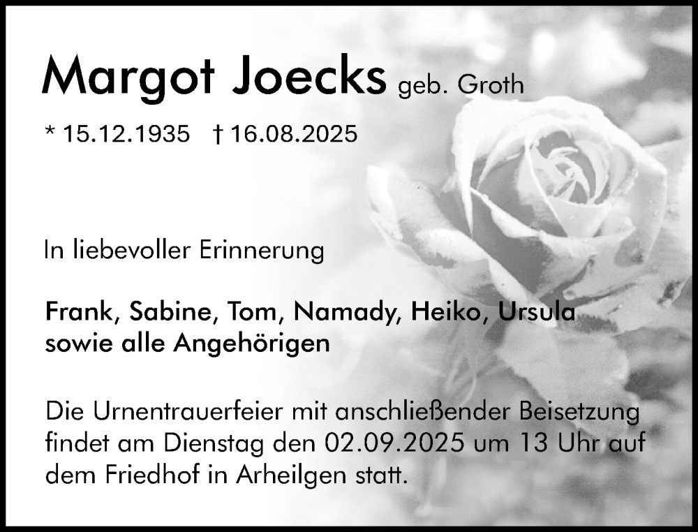  Traueranzeige für Margot Joecks vom 23.08.2025 aus Darmstädter Echo