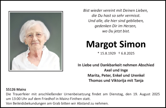 Traueranzeige von Margot Simon von Allgemeine Zeitung Mainz