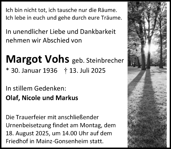 Traueranzeige von Margot Vohs von Allgemeine Zeitung Mainz