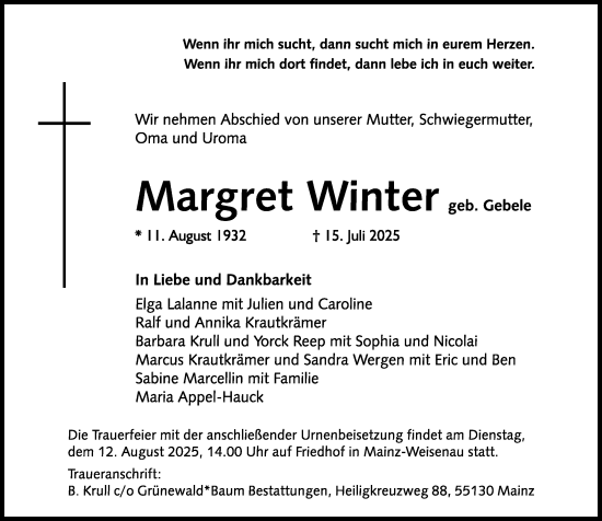 Traueranzeige von Margret Winter von Allgemeine Zeitung Mainz