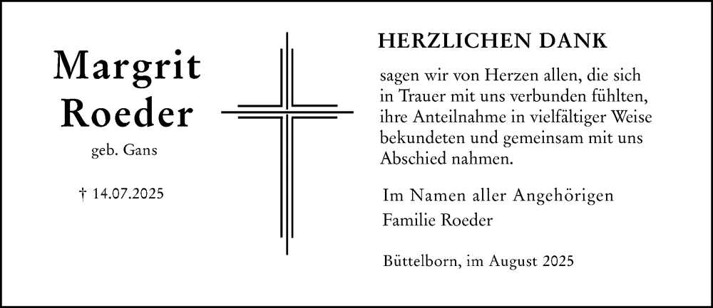  Traueranzeige für Margrit Roeder vom 09.08.2025 aus Groß-Gerauer Echo
