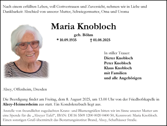 Traueranzeige von Maria Knobloch von Allgemeine Zeitung Alzey