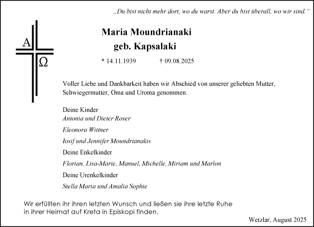  Traueranzeige für Maria Moundrianaki vom 27.08.2025 aus Wetzlarer Neue Zeitung