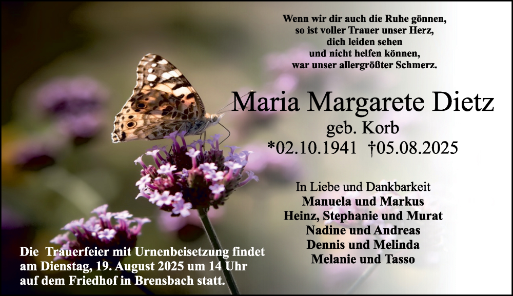  Traueranzeige für Maria Margarete Dietz vom 16.08.2025 aus Odenwälder Echo