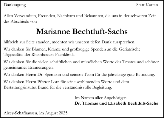 Traueranzeige von Marianne Bechtluft-Sachs von Allgemeine Zeitung Alzey