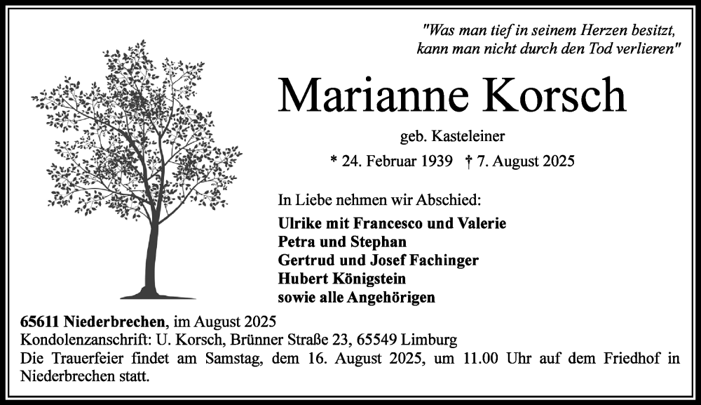  Traueranzeige für Marianne Korsch vom 14.08.2025 aus Camberger Anzeiger