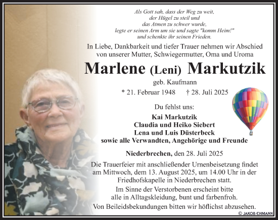 Traueranzeige von Marlene Markutzik von Camberger Anzeiger