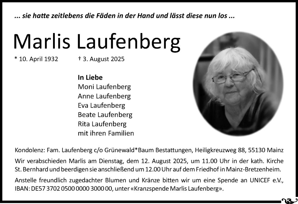  Traueranzeige für Marlis Laufenberg vom 09.08.2025 aus Allgemeine Zeitung Mainz
