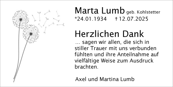 Traueranzeige von Marta Lumb von Allgemeine Zeitung Mainz