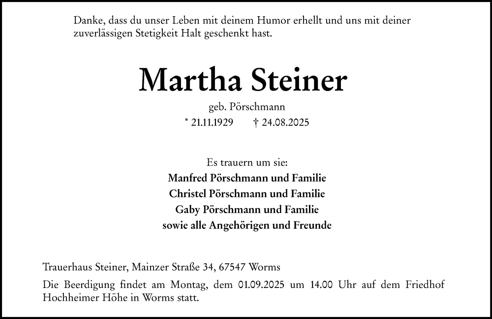  Traueranzeige für Martha Steiner vom 29.08.2025 aus Wormser Zeitung