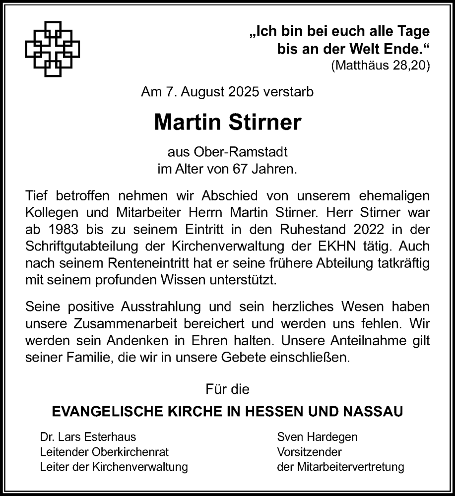  Traueranzeige für Martin Stirner vom 16.08.2025 aus Darmstädter Echo