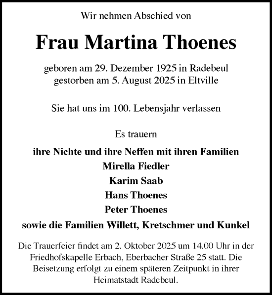Traueranzeige von Martina Thoenes von Rheingau Kurier