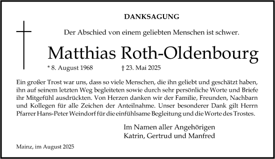 Traueranzeige von Matthias Roth-Oldenbourg von Allgemeine Zeitung Mainz
