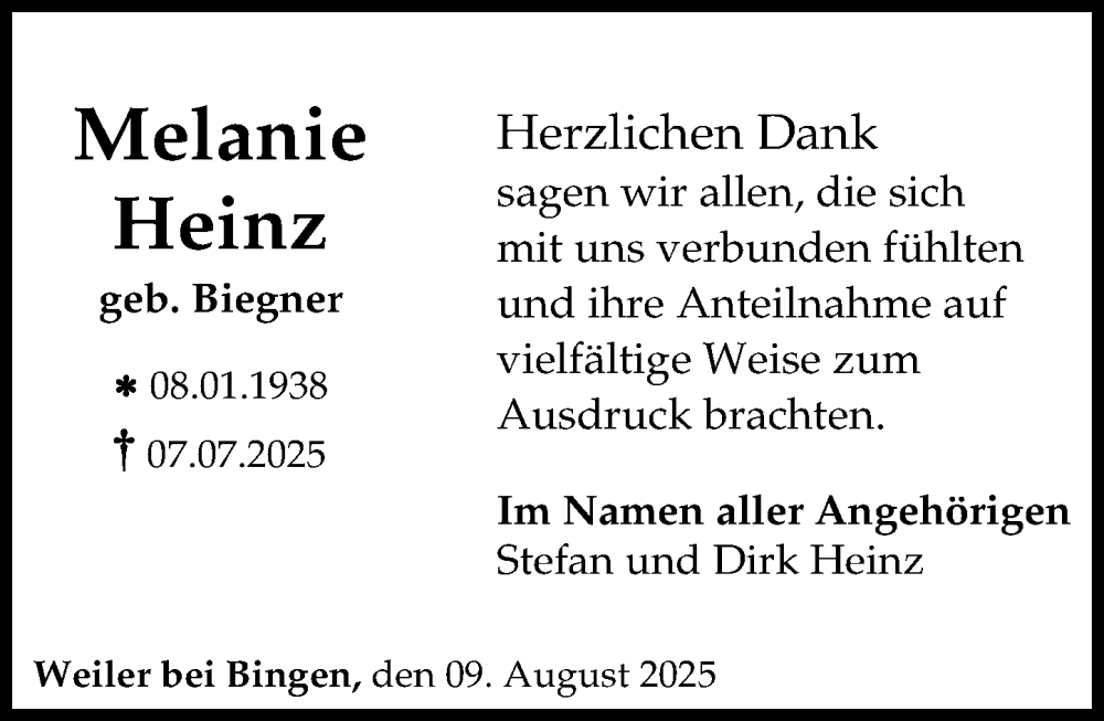 Traueranzeige für Melanie Heinz vom 09.08.2025 aus Allgemeine Zeitung Rheinhessen-Nahe