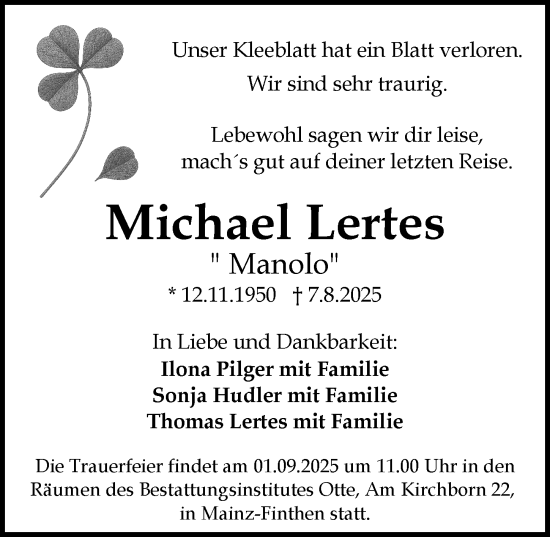 Traueranzeige von Michael Lertes von Allgemeine Zeitung Mainz