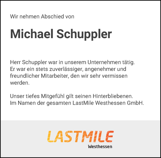Traueranzeige von Michael Schuppler von Wiesbadener Kurier