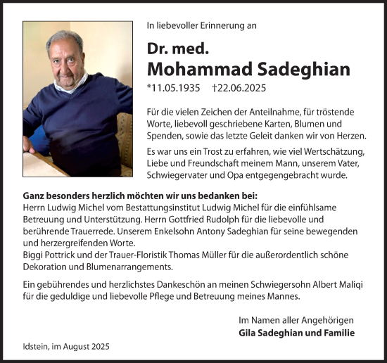 Traueranzeige von Mohammad Sadeghian von Wiesbadener Kurier
