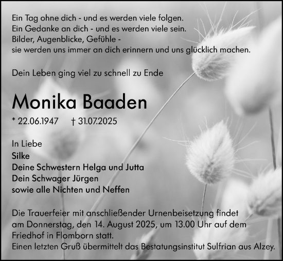 Traueranzeige von Monika Baaden von Allgemeine Zeitung Alzey