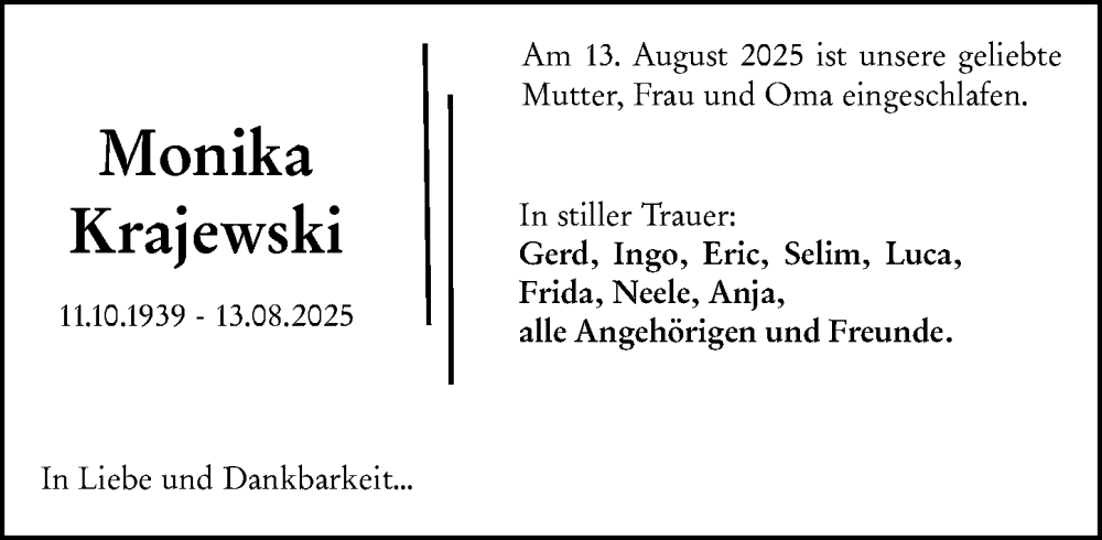  Traueranzeige für Monika Krajewski vom 20.08.2025 aus Wiesbadener Kurier