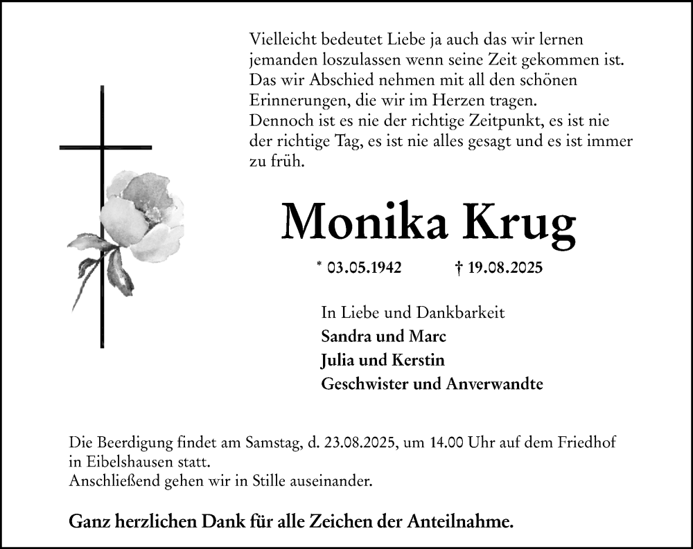 Traueranzeige für Monika Krug vom 21.08.2025 aus Dill Block