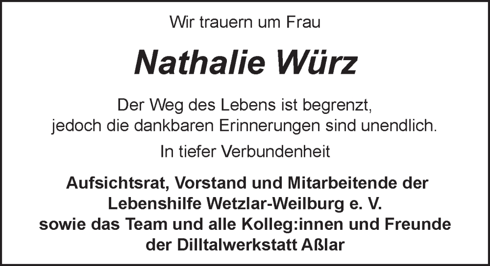  Traueranzeige für Nathalie Würz vom 02.08.2025 aus Weilburger Tageblatt