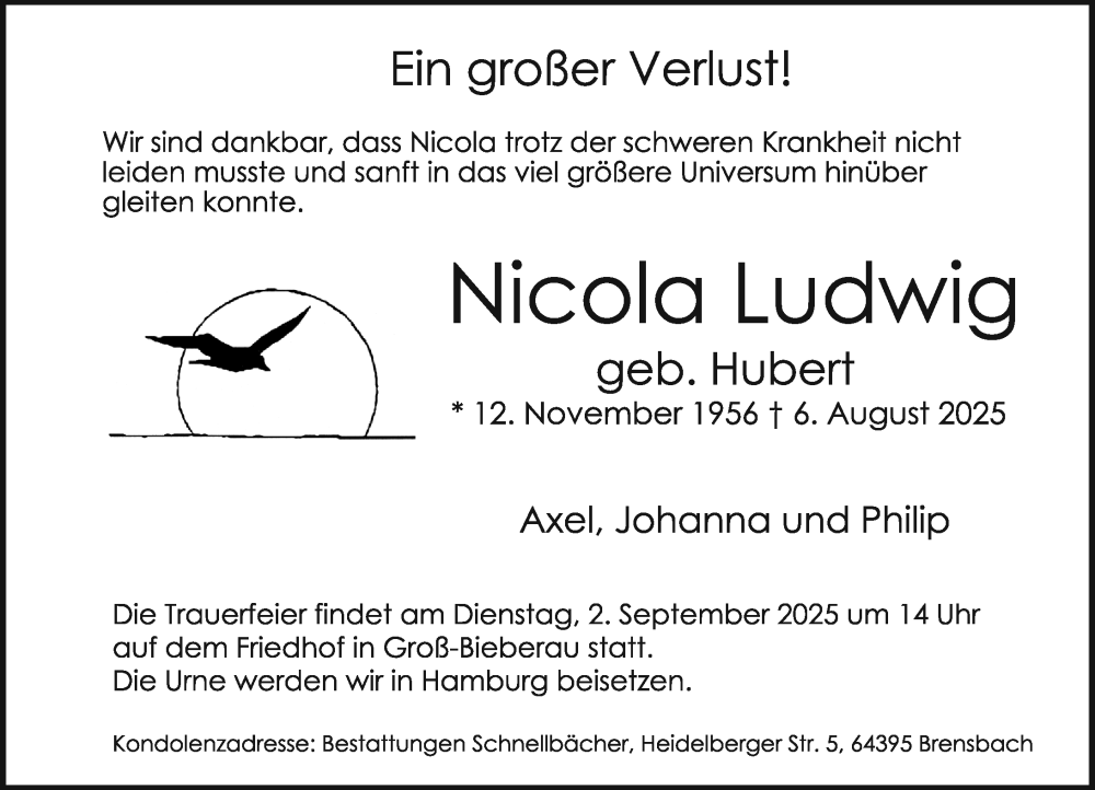  Traueranzeige für Nicola Ludwig vom 23.08.2025 aus Darmstädter Echo