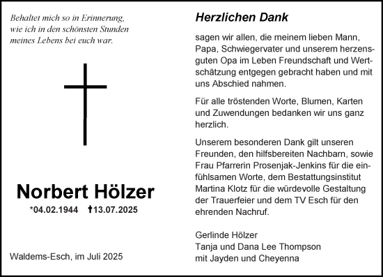 Traueranzeige von Norbert Hölzer von Camberger Anzeiger