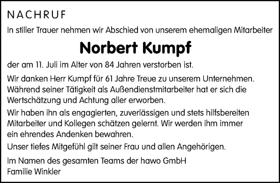 Traueranzeige von Norbert Kumpf von Wormser Zeitung