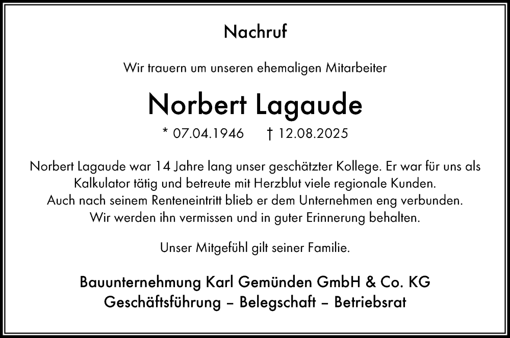  Traueranzeige für Norbert Lagaude vom 23.08.2025 aus Allgemeine Zeitung Rheinhessen-Nahe