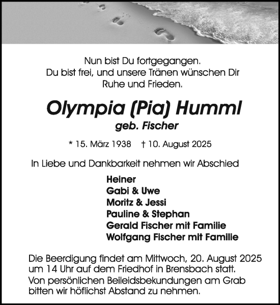 Traueranzeige von Olympia Humml von Odenwälder Echo