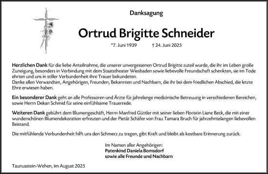 Traueranzeige von Ortrud Brigitte Schneider von Wiesbadener Kurier