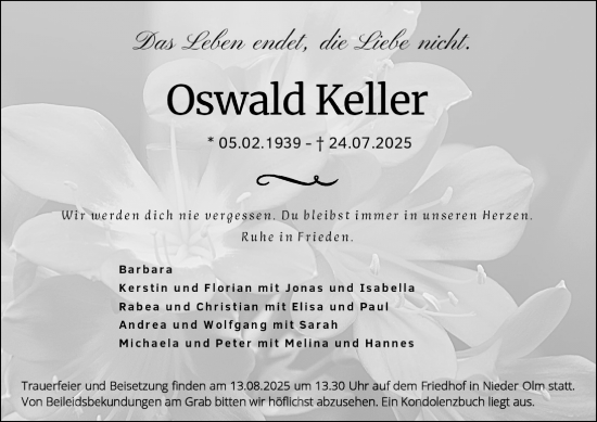 Traueranzeige von Oswald Keller von Allgemeine Zeitung Mainz