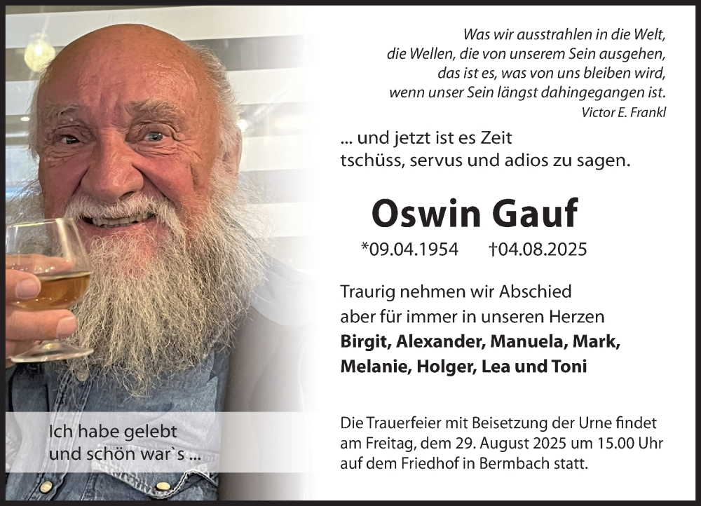  Traueranzeige für Oswin Gauf vom 21.08.2025 aus Camberger Anzeiger