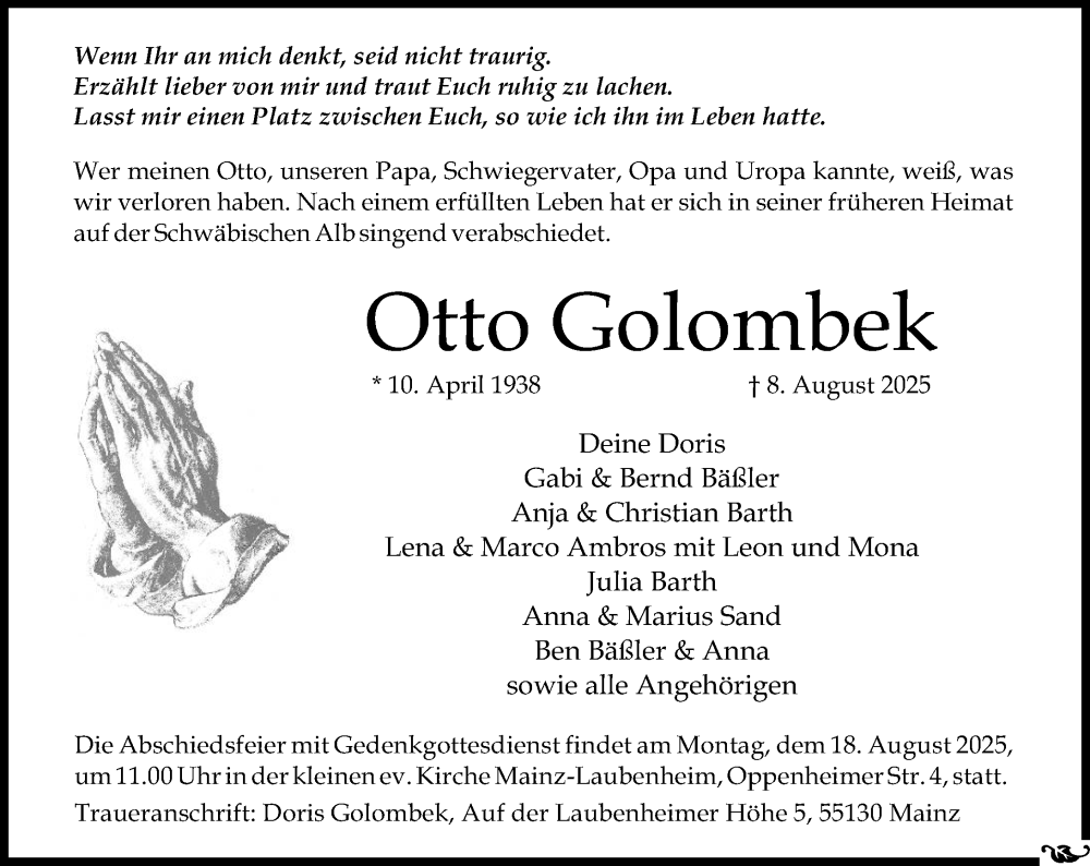  Traueranzeige für Otto Golombek vom 16.08.2025 aus Allgemeine Zeitung Mainz