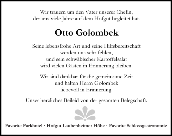 Traueranzeige von Otto Golombek von Allgemeine Zeitung Mainz