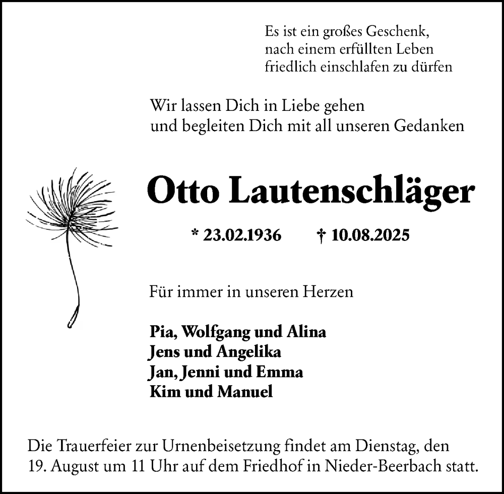 Traueranzeige für Otto Lautenschläger vom 16.08.2025 aus Darmstädter Echo