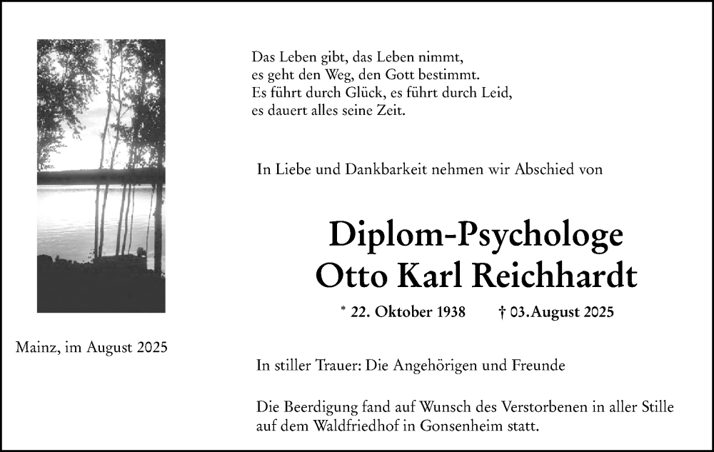  Traueranzeige für Otto Karl Reichhardt vom 16.08.2025 aus Allgemeine Zeitung Mainz