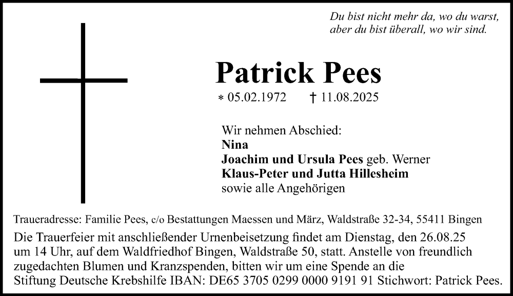 Traueranzeige für Patrick Pees vom 23.08.2025 aus Allgemeine Zeitung Rheinhessen-Nahe