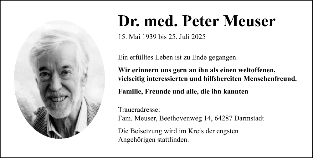 Traueranzeige für Peter Meuser vom 02.08.2025 aus Darmstädter Echo