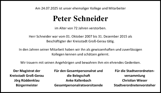 Traueranzeige von Peter Schneider von Groß-Gerauer Echo