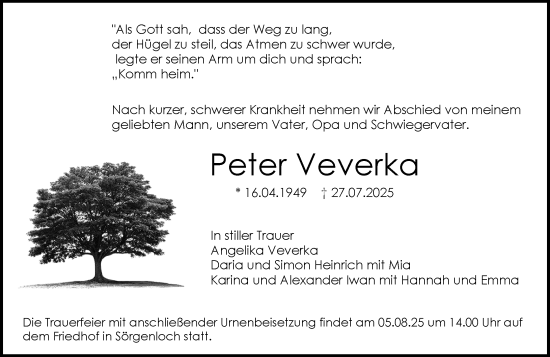 Traueranzeige von Peter Veverka von Allgemeine Zeitung Mainz