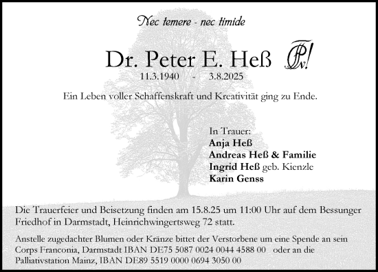 Traueranzeige von Peter E. Heß von Darmstädter Echo