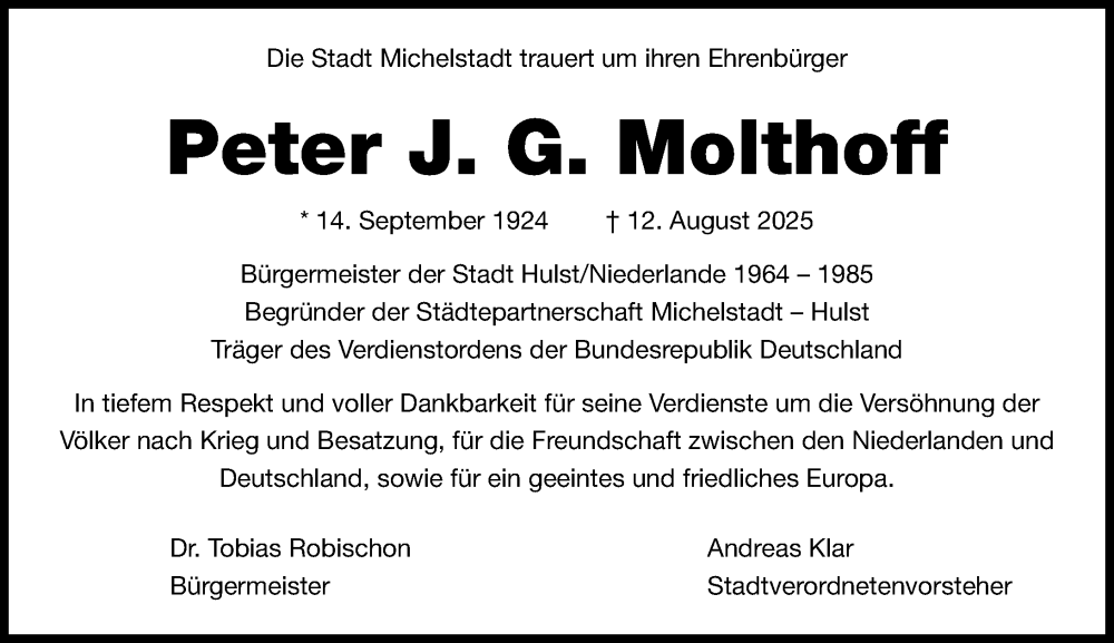  Traueranzeige für Peter J. G. Molthoff vom 16.08.2025 aus Odenwälder Echo