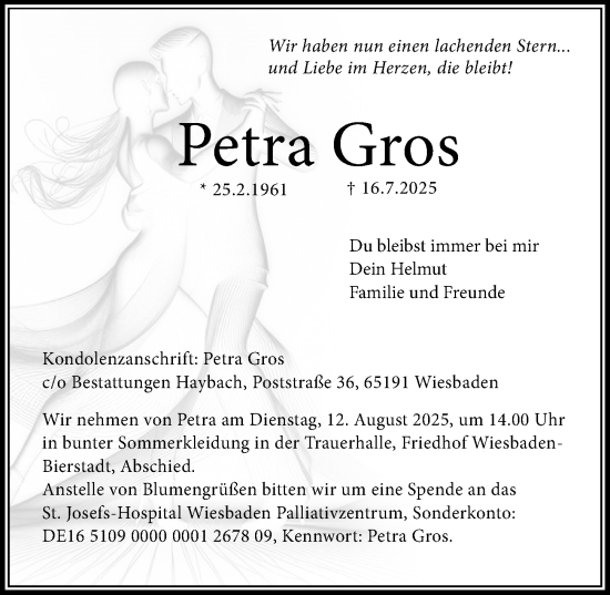 Traueranzeige von Petra Gros von Wiesbadener Kurier