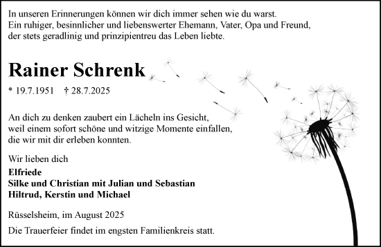 Traueranzeige von Rainer Schrenk von Rüsselsheimer Echo