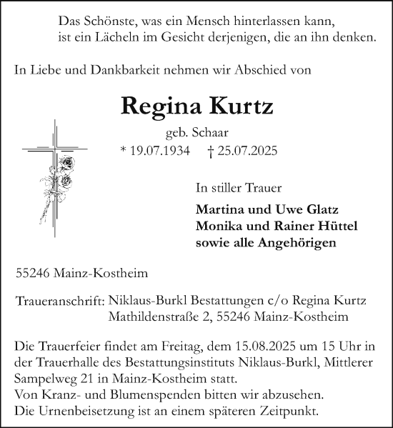 Traueranzeige von Regina Kurtz von Allgemeine Zeitung Mainz