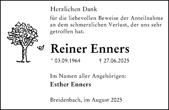 Traueranzeige von Reiner Enners von Hinterländer Anzeiger