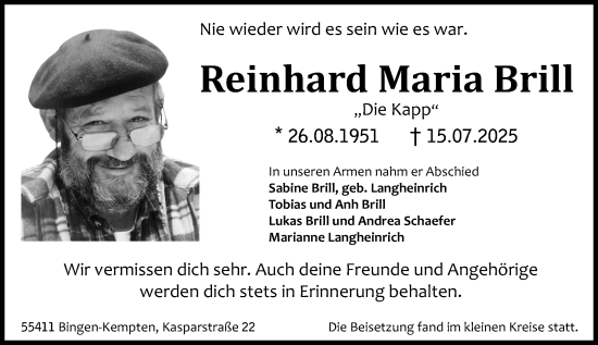 Traueranzeige von Reinhard Maria Brill von Binger-/Ingelheimer Wochenblatt